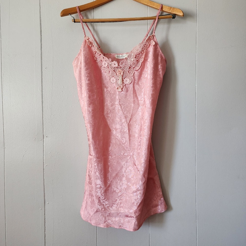 Vintage Adonna Pink Floral Jacquard Lace Slip Chemise Small 1990s Y2K Lingerie S